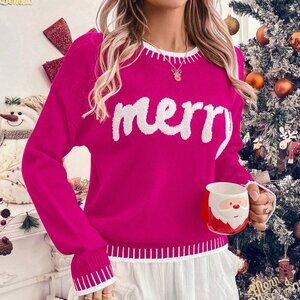 Hot Pink Casual Women's Long Sleeve Ugly Christmas Sweater